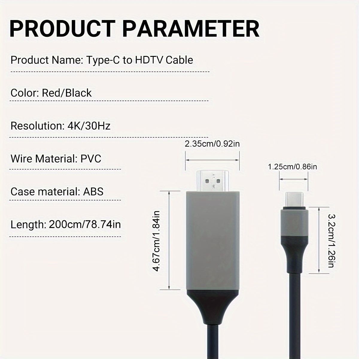 4K30Hz USB C To HDTV Cable, 2M/78.74In/6.56Ft Black Red Plug & Play High-Resolution Type-C To HDTV Adapter For MacBook, IPad, IMac,IPhone,Mobile Phone,Tablet,Laptop