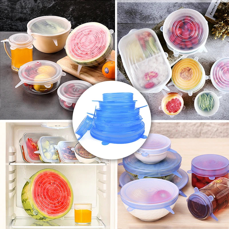 6pcs Reusable Silicon Stretch Lids,Universal Silicone Food Cover ,Silicone Lids For Food Cookware Bowl Kitchen Accessories
