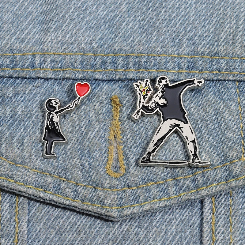Banksy Art Enamel Pin Flower Thrower Girl With Balloon Always Hope Brooch Lapel Backpack Badge Jewelry Gift For Friends