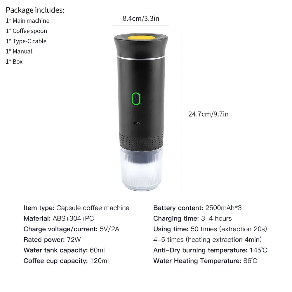 3 in 1 Portable Cordless Espresso Machine Travel, Car and Home Camping Coffee Maker Capsule Powder Coffee Maker Smart Heating