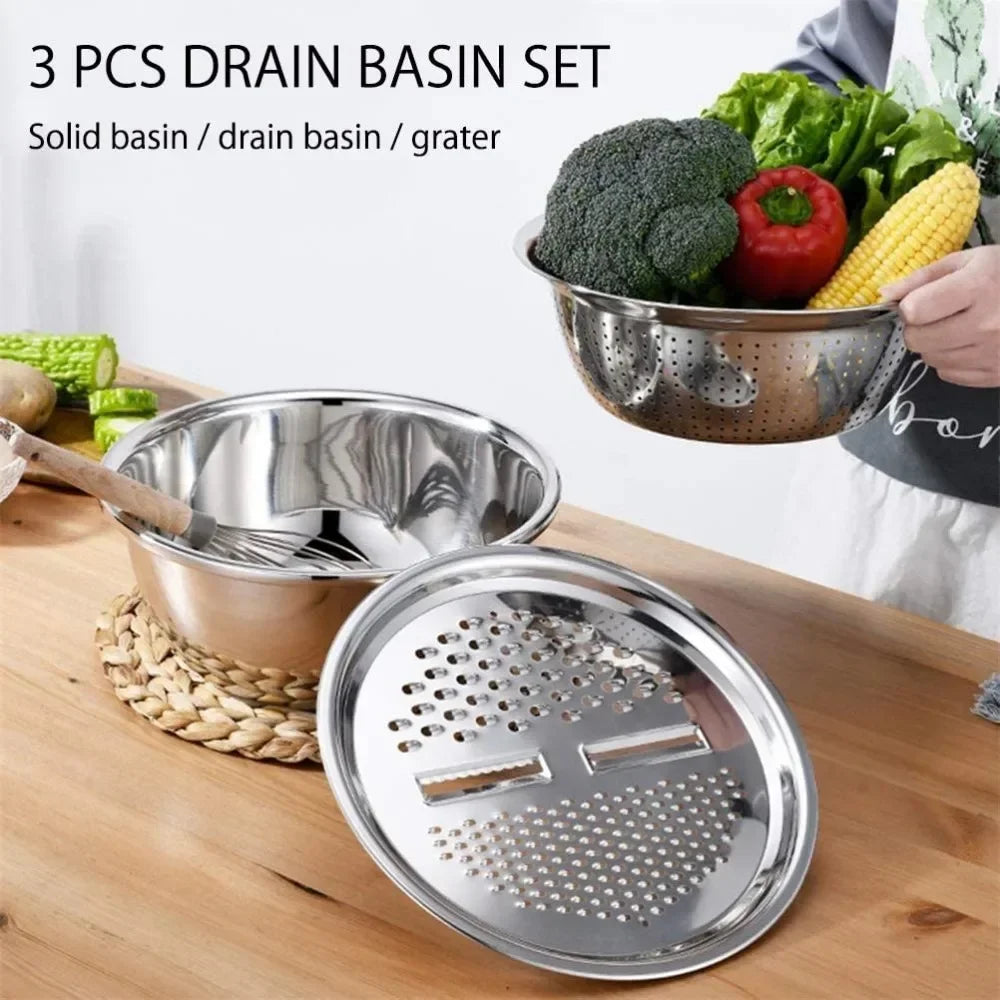 3 in 1 Vegetable Slicer Cutter Graters Drain Basket Stainless Steel Vegetable Salad Maker Bowl Kitchen Accessories Gadget
