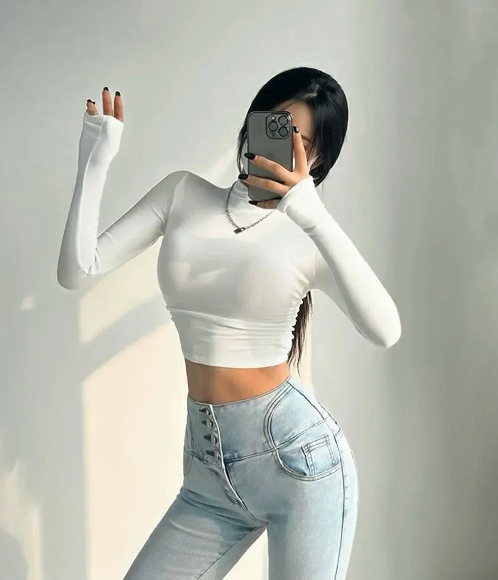 Womens Long Sleeve Turtleneck T Shirts Ribbed Tight Knit Sexy Slim Fitted Casual Women's Basic Crop Tops Cropped T-Shirt