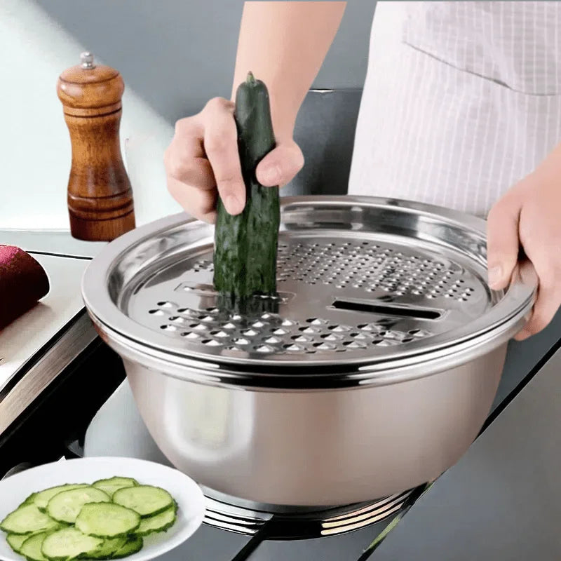 3 in 1 Vegetable Slicer Cutter Graters Drain Basket Stainless Steel Vegetable Salad Maker Bowl Kitchen Accessories Gadget
