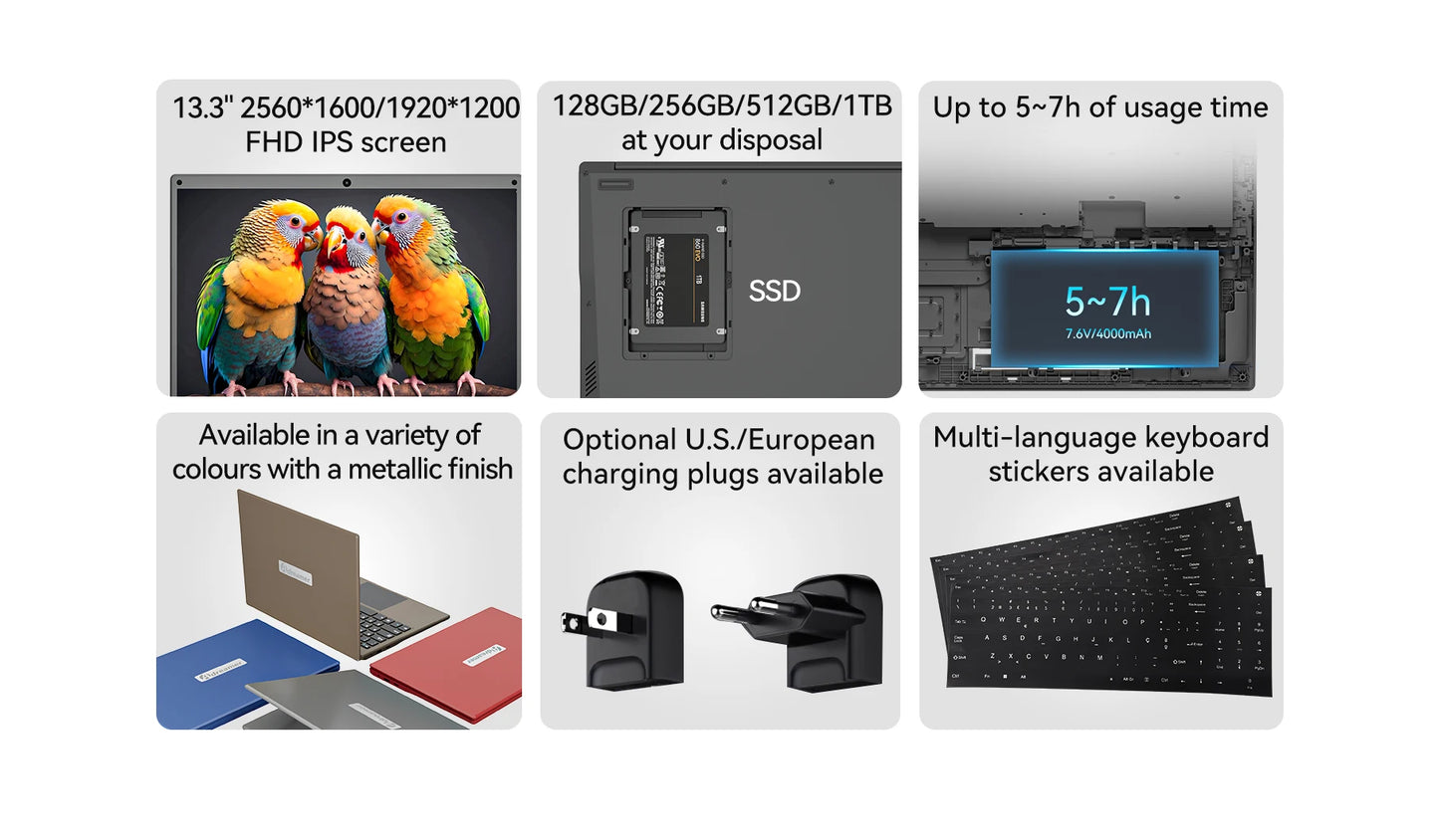 Adreamer Laptop 13.3 Inch Portable Laptops Low Price With Intel CPU 2.5K FHD IPS 8GB 1T SSD 2.5K FHD Display Notebook