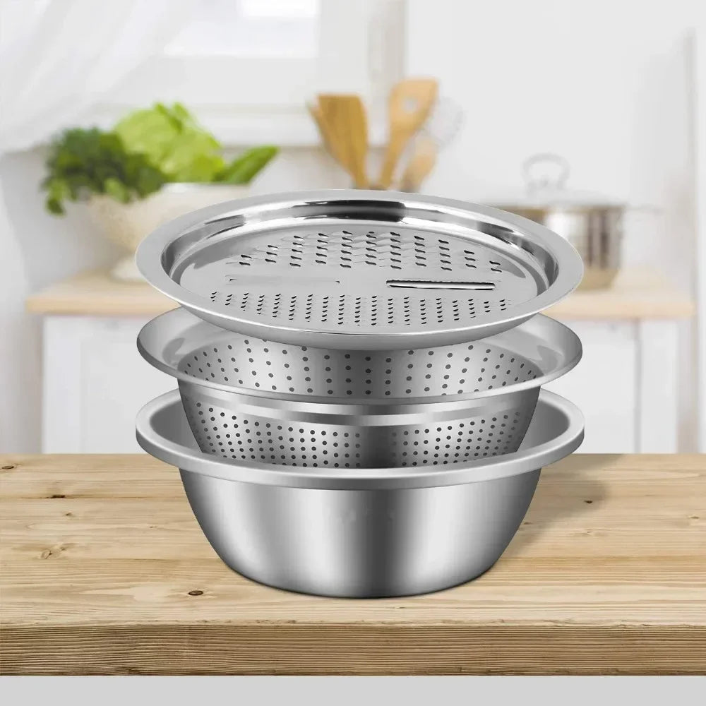 3 in 1 Vegetable Slicer Cutter Graters Drain Basket Stainless Steel Vegetable Salad Maker Bowl Kitchen Accessories Gadget