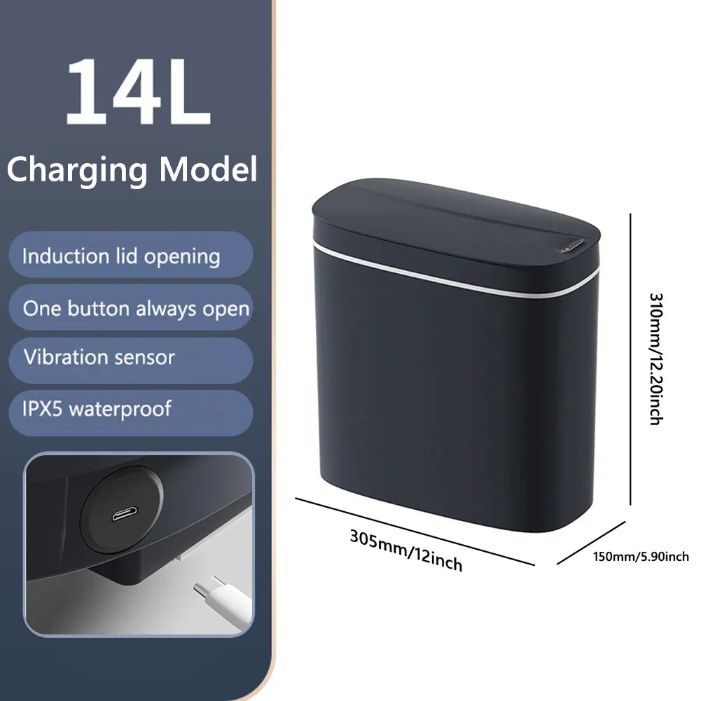14L Smart Sensor Trash Can with Lid for Kitchen Toilet Bathroom Bins Waterproof Automatic Trash Can Quiet Touchless Wastebasket