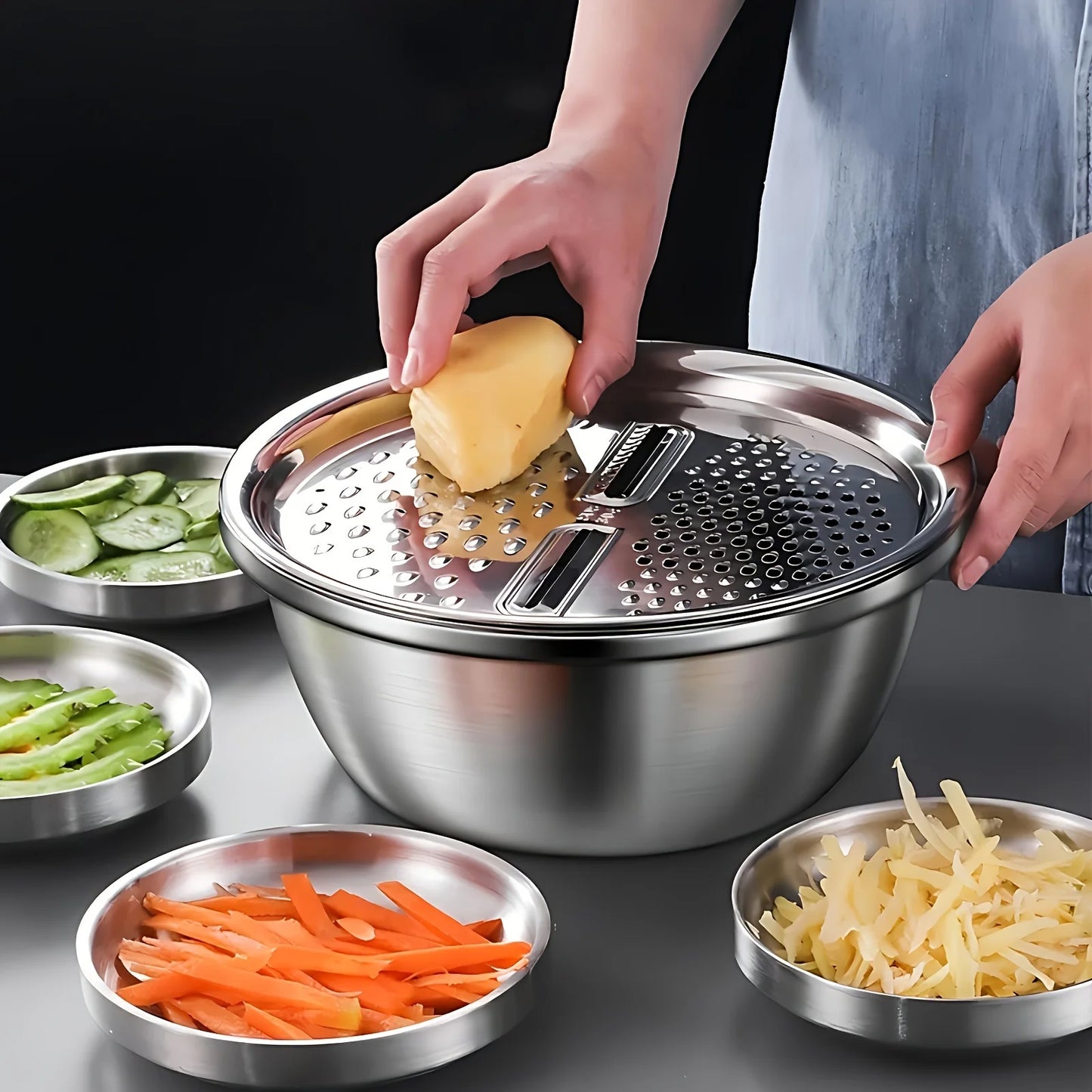 3 in 1 Vegetable Slicer Cutter Graters Drain Basket Stainless Steel Vegetable Salad Maker Bowl Kitchen Accessories Gadget