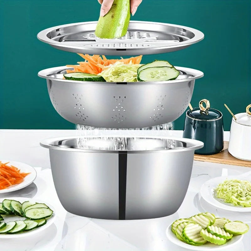 3 in 1 Vegetable Slicer Cutter Graters Drain Basket Stainless Steel Vegetable Salad Maker Bowl Kitchen Accessories Gadget