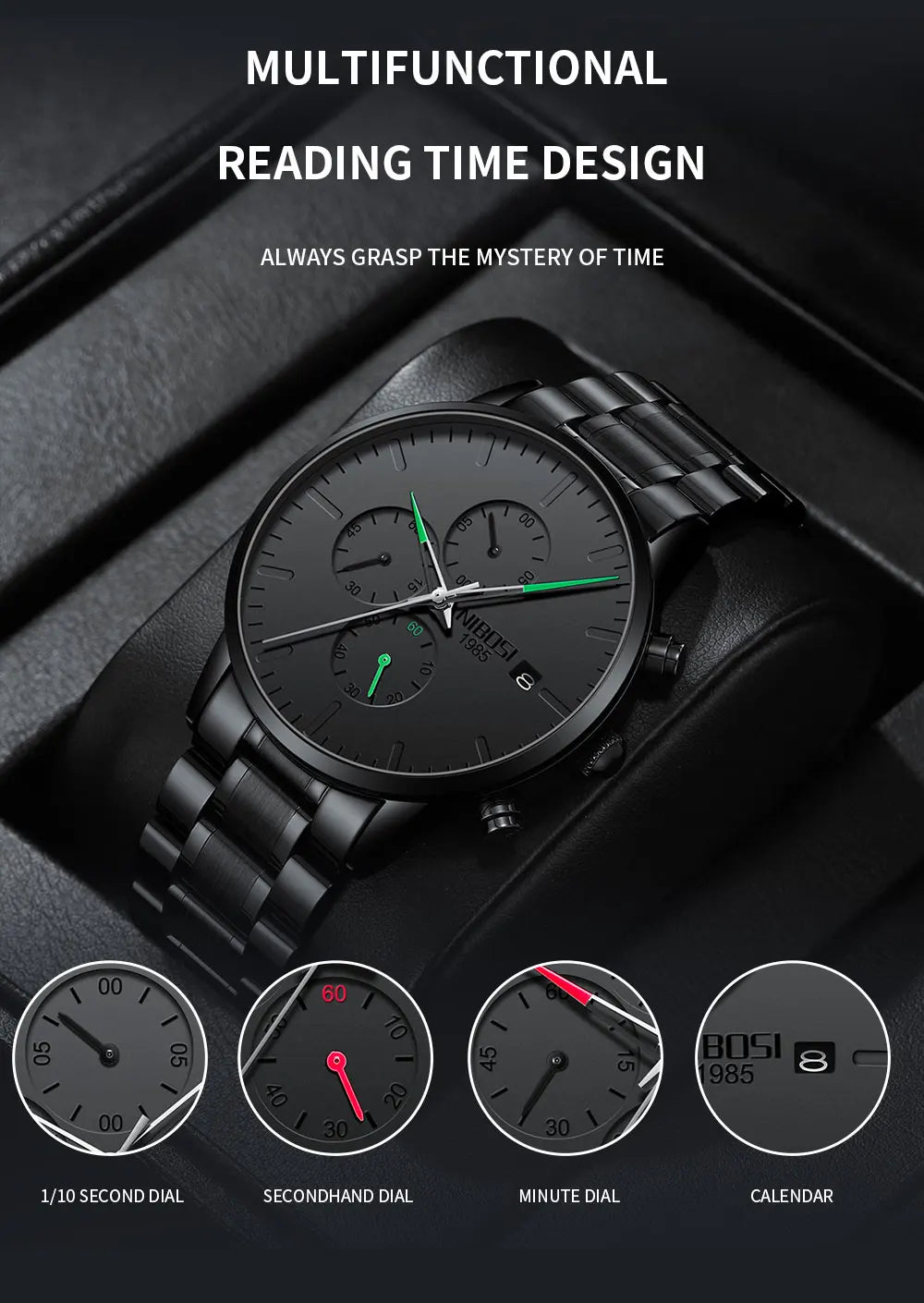 NIBOSI Men's Watches Analog Minimalist Black Dial Watches for Men Business Chronograph Military Stainless Steel Wrist Watches
