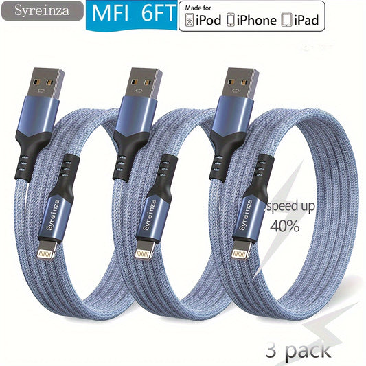 [3pcsMFI] 6FTBranded Syreinza Fast Charging USB Cable For IPhone, MFi Certified Lightning Cable For IPhone, Extended Nylon Braided Durable Mobile Phone Tablet Headset Fast Charging Charger Cable For IPhone 14 13 12 11 Xs Max