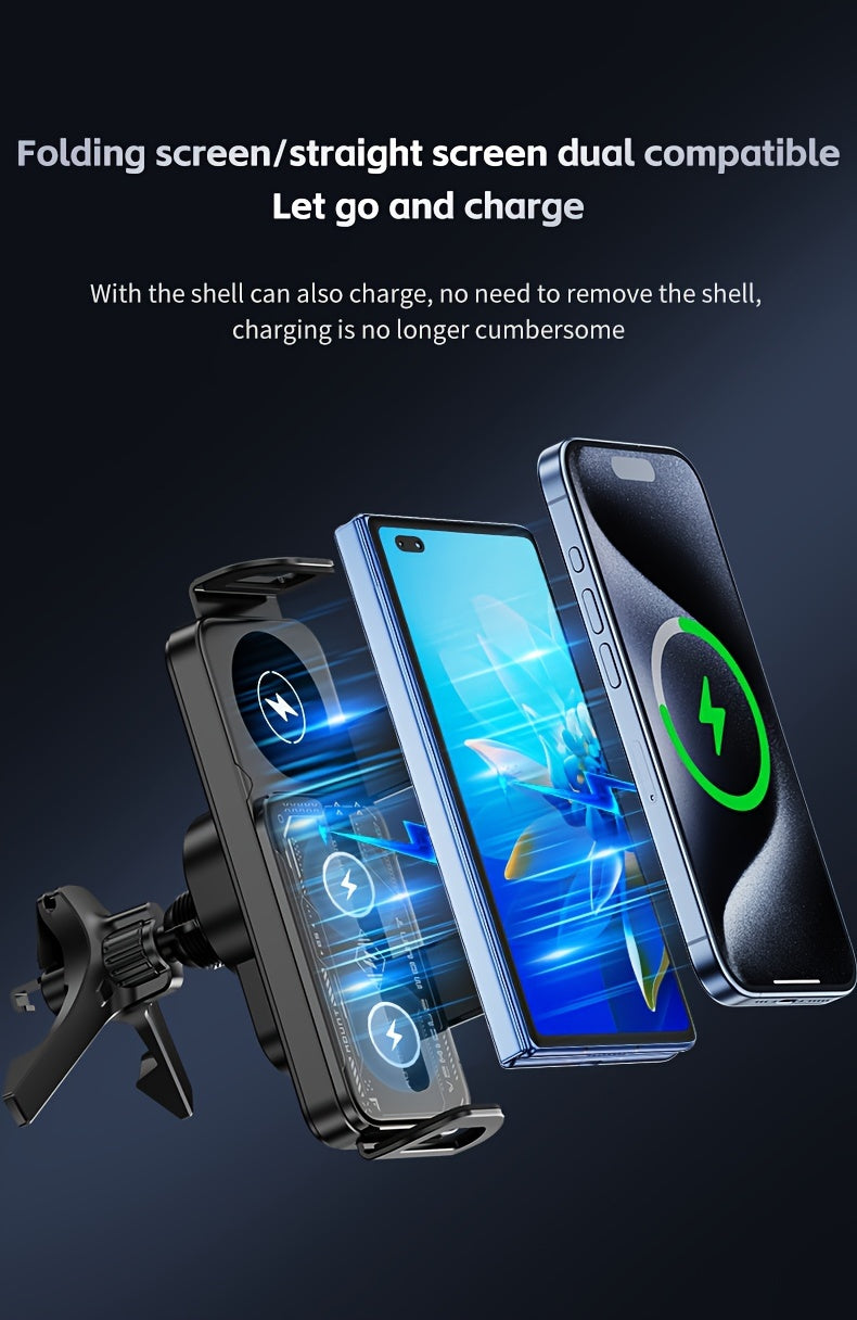 2025 New Car Holder Folding Screen Mobile Phone/tablet Holder 15W Wireless Fast Charging Two-in-one Automatic Rotating Magnetic Mobile Phone Holder Car Air Outlet Holder Suitable for Folding Screen Hands Samsung Galaxy ZFold6