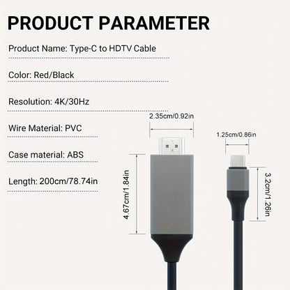 4K30Hz USB C To HDTV Cable, 2M/78.74In/6.56Ft Black Red Plug & Play High-Resolution Type-C To HDTV Adapter For MacBook, IPad, IMac,IPhone,Mobile Phone,Tablet,Laptop