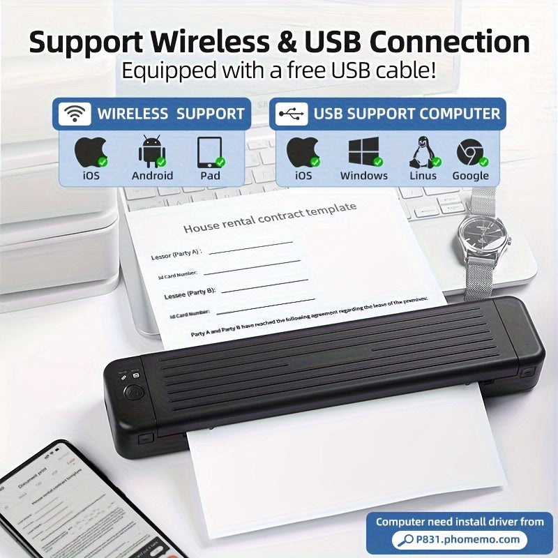 1set A4 Printer P831: 8.5X11in, Heat Transfer Printer, Ink Free, Wireless Connection To Mobile Phone, Tablet, USB Connection To Computer, Printing American Stationery/A4/A5/B5 Ordinary/thermal Paper, Suitable For Mobile Offic