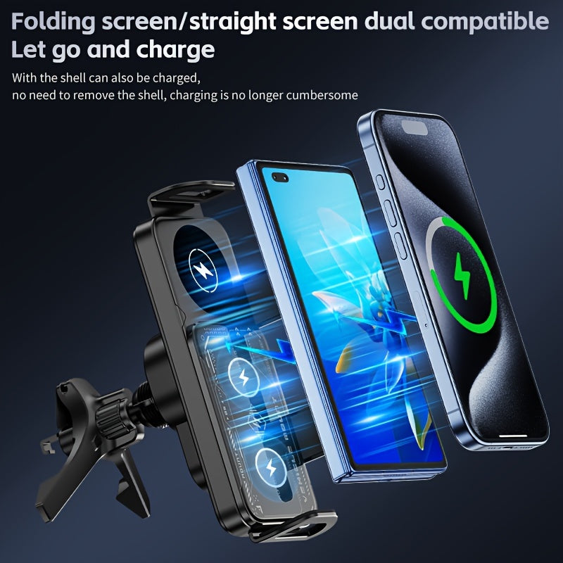 2025 New Car Holder Folding Screen Mobile Phone/tablet Holder 15W Wireless Fast Charging Two-in-one Automatic Rotating Magnetic Mobile Phone Holder Car Air Outlet Holder Suitable for Folding Screen Hands Samsung Galaxy ZFold6