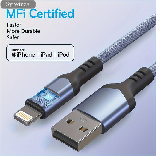 [3pcsMFI] 6FTBranded Syreinza Fast Charging USB Cable For IPhone, MFi Certified Lightning Cable For IPhone, Extended Nylon Braided Durable Mobile Phone Tablet Headset Fast Charging Charger Cable For IPhone 14 13 12 11 Xs Max