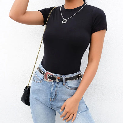 Casual Basic Black White Bodysuit Women Summer Short Sleeve Woman Body Top Cotton Bodycon Jumpsuit Romper Ladies 2020