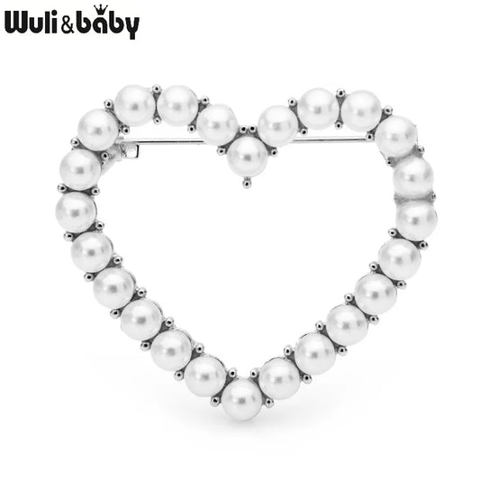 Wuli&baby Pearl Heart Brooches For Women Classic Metal 2-color Weddings Casual Brooch Pins Gifts