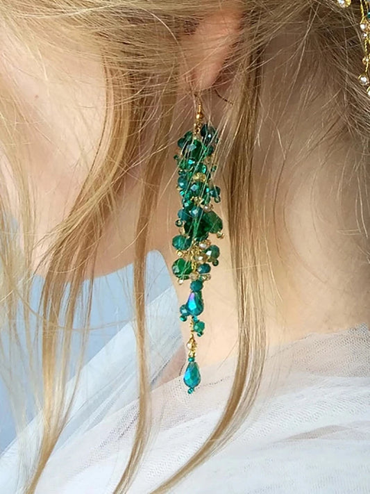 Bohe Green Crystal Bridal Earrings For Women Jewelry Party Prom Accessories Handmade Bride Ornament Hanging Earring Wedding Gift