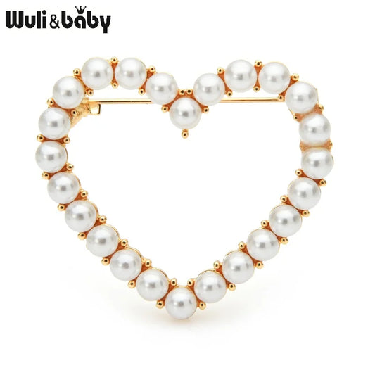 Wuli&baby Pearl Heart Brooches For Women Classic Metal 2-color Weddings Casual Brooch Pins Gifts