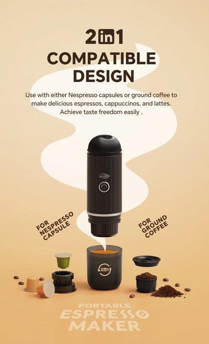 IKAPE Portable Electric Espresso Maker, Capsule Coffee Machine for Hot/Cold Water, Ground Coffee Machine for Hiking/Camping/Home