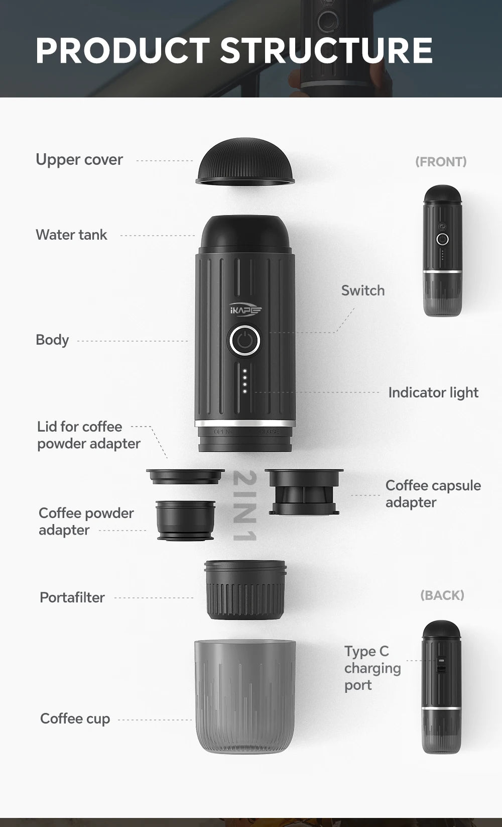IKAPE Portable Electric Espresso Maker, Capsule Coffee Machine for Hot/Cold Water, Ground Coffee Machine for Hiking/Camping/Home