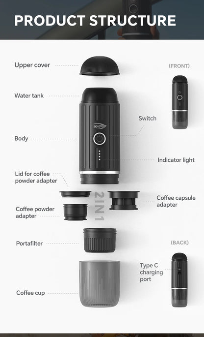 IKAPE Portable Electric Espresso Maker, Capsule Coffee Machine for Hot/Cold Water, Ground Coffee Machine for Hiking/Camping/Home