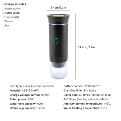 3 in 1 Portable Cordless Espresso Machine Travel, Car and Home Camping Coffee Maker Capsule Powder Coffee Maker Smart Heating