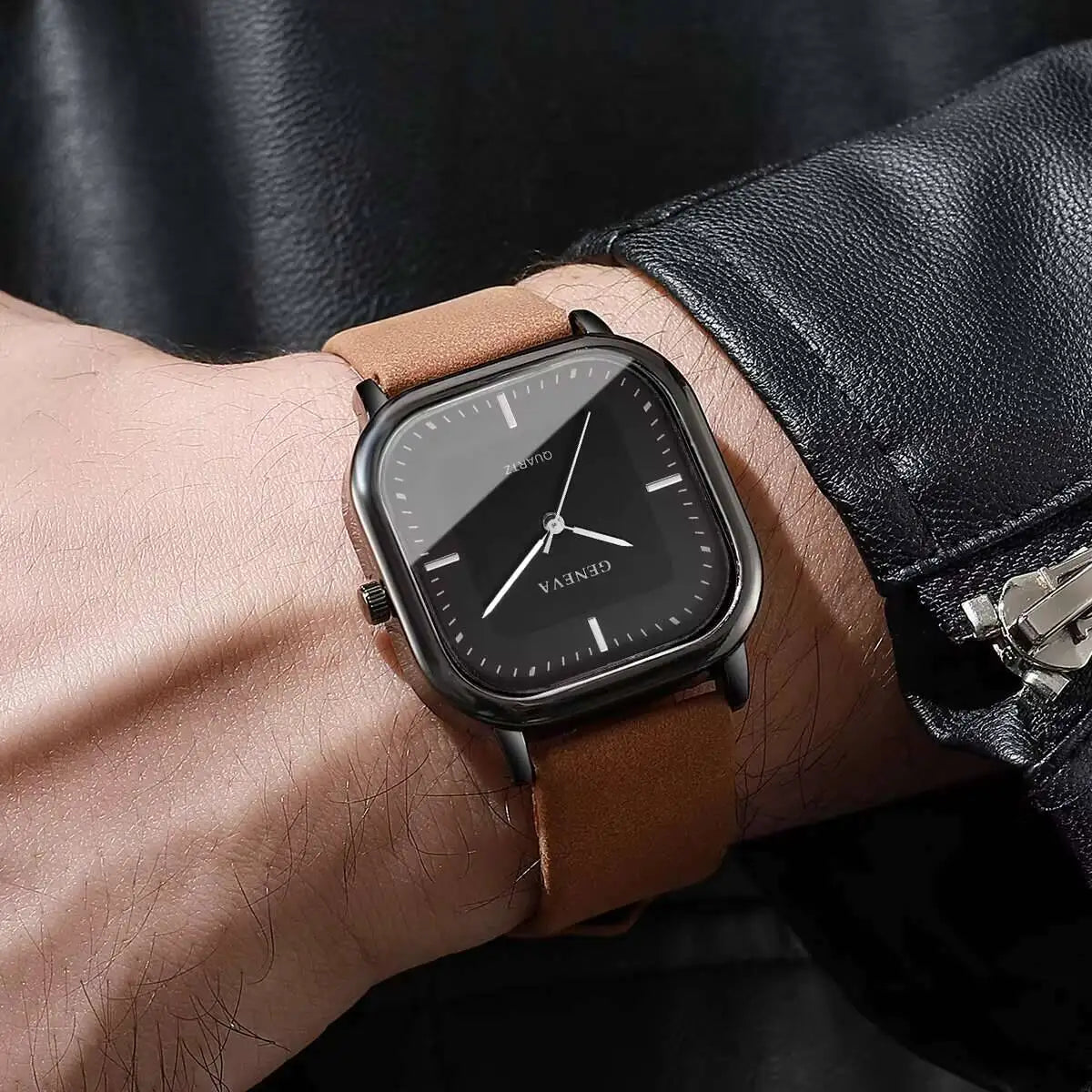 Minimalist Men's Watches Fashion Square Quartz Watch Casual Leather Strap Wristwatch Reloj Hombre（Without Box）
