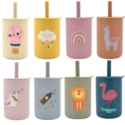 Baby Silicone Sippy Cup Portable Storage Snack Container Feeding Children Rainbow Printing Leakproof Learning Drink Cup Bpa Free
