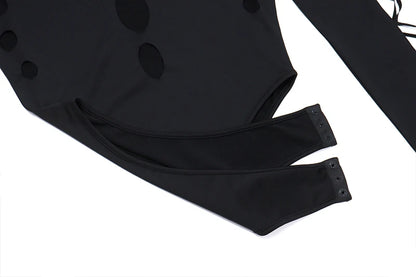 Xeemilo Sexy Dot Hollow Out Bodysuit Y2K Gothic Punk Long Sleeves Bodycon T-shirt Women Autumn Streetwear Slim Bodice Bodysuits