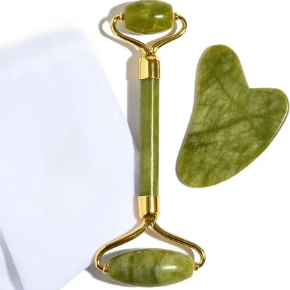 Jade Roller and Gua Sha set Spa Grade Face Massager 100% Authentic Stone Reduces Puffiness Wrinkles  Reveals