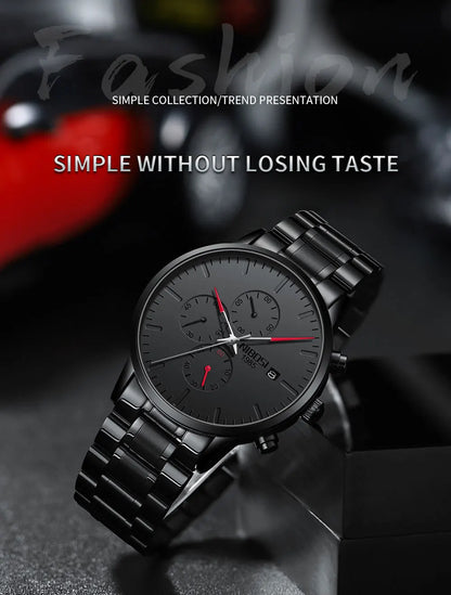NIBOSI Men's Watches Analog Minimalist Black Dial Watches for Men Business Chronograph Military Stainless Steel Wrist Watches
