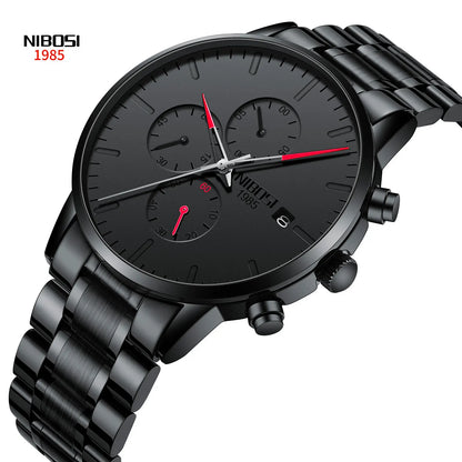 NIBOSI Men's Watches Analog Minimalist Black Dial Watches for Men Business Chronograph Military Stainless Steel Wrist Watches