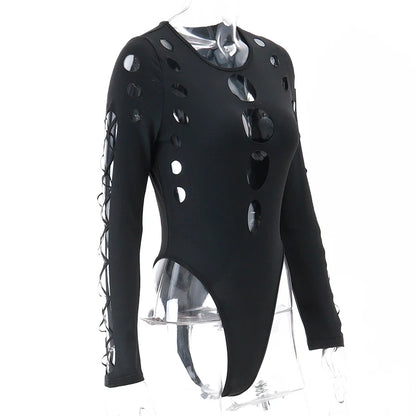 Xeemilo Sexy Dot Hollow Out Bodysuit Y2K Gothic Punk Long Sleeves Bodycon T-shirt Women Autumn Streetwear Slim Bodice Bodysuits