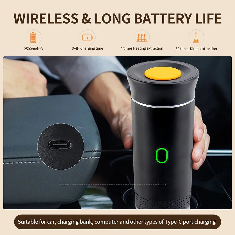 3 in 1 Portable Cordless Espresso Machine Travel, Car and Home Camping Coffee Maker Capsule Powder Coffee Maker Smart Heating