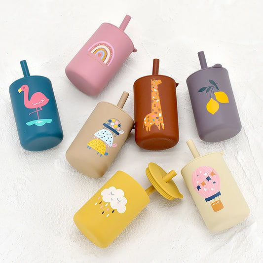 Baby Silicone Sippy Cup Portable Storage Snack Container Feeding Children Rainbow Printing Leakproof Learning Drink Cup Bpa Free
