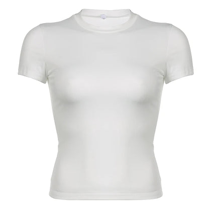 Basic Solid Crop Top Short Sleeve Crewneck Skinny T-shirt Summer Casual Tee for Women Y2K Vintage Top Harajuku Streetwear