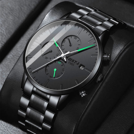 NIBOSI Men's Watches Analog Minimalist Black Dial Watches for Men Business Chronograph Military Stainless Steel Wrist Watches