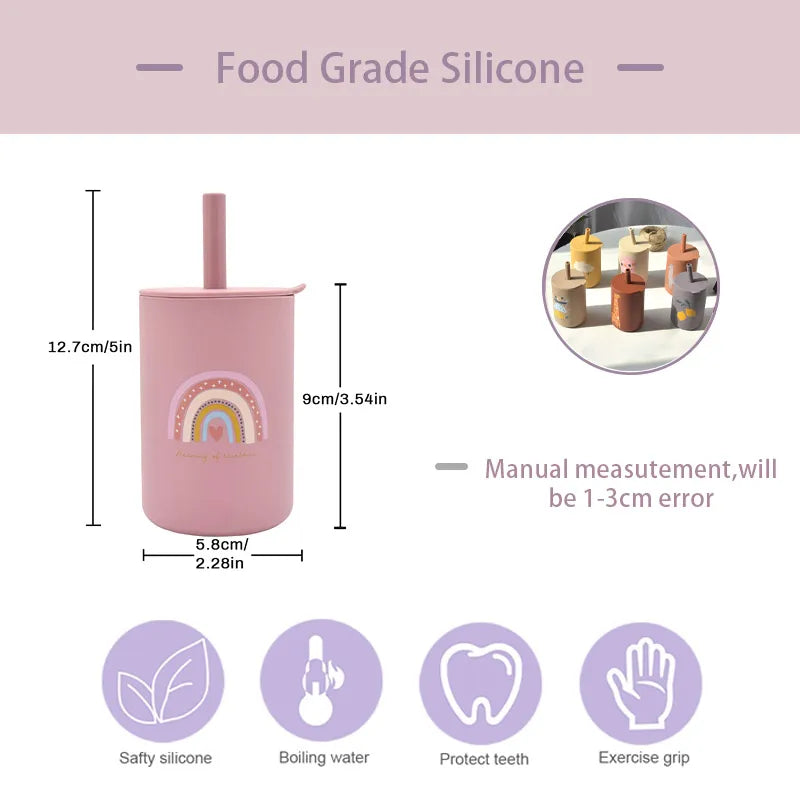 Baby Silicone Sippy Cup Portable Storage Snack Container Feeding Children Rainbow Printing Leakproof Learning Drink Cup Bpa Free