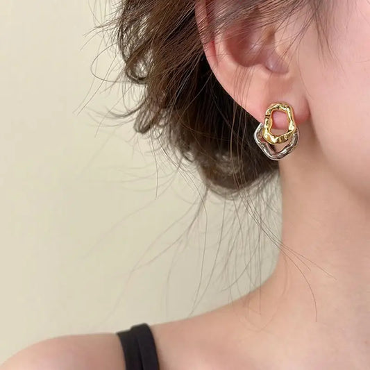 Vintage Two Tone Metal Drop Earrings for Women Geometric Irregular Round Earrings Daily Wear Statement Jewelry