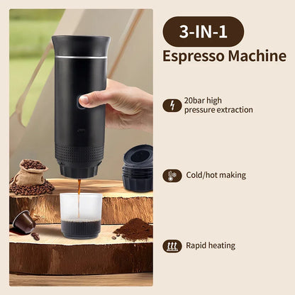 3 in 1 Portable Cordless Espresso Machine Travel, Car and Home Camping Coffee Maker Capsule Powder Coffee Maker Smart Heating