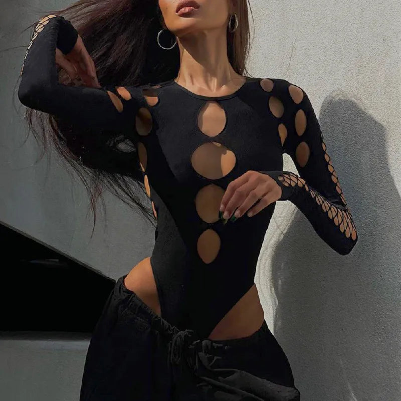 Xeemilo Sexy Dot Hollow Out Bodysuit Y2K Gothic Punk Long Sleeves Bodycon T-shirt Women Autumn Streetwear Slim Bodice Bodysuits