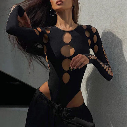 Xeemilo Sexy Dot Hollow Out Bodysuit Y2K Gothic Punk Long Sleeves Bodycon T-shirt Women Autumn Streetwear Slim Bodice Bodysuits