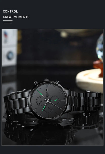 NIBOSI Men's Watches Analog Minimalist Black Dial Watches for Men Business Chronograph Military Stainless Steel Wrist Watches
