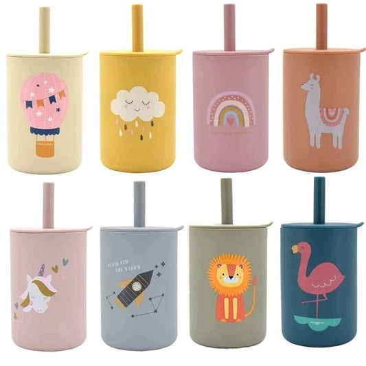 Baby Silicone Sippy Cup Portable Storage Snack Container Feeding Children Rainbow Printing Leakproof Learning Drink Cup Bpa Free