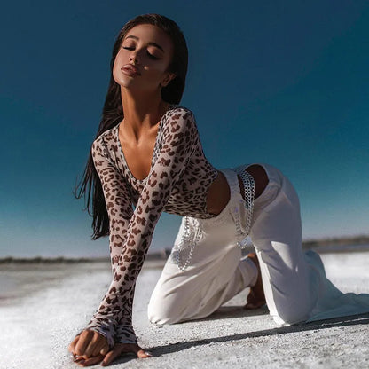 Leopard Sexy High Waist Women Bodysuit Mesh Transparent Wild Stretchy Thong Body T-Shirt Street Evening Clothing Hot