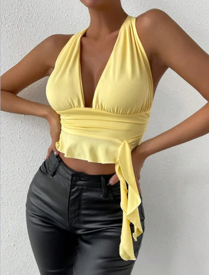 Women's Sexy Tight Fitting Deep V-neck Pleated Top Tight Fitting 2024 Spring Beach Resort Nightclub New Model Women's Sexy Tigh