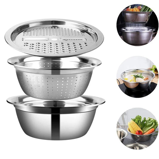 3 In 1 Vegetable Slicer Cutter Drain Basket Stainless Steel Vegetable Julienne Grater Salad Maker Bowl Kitchen Accessories