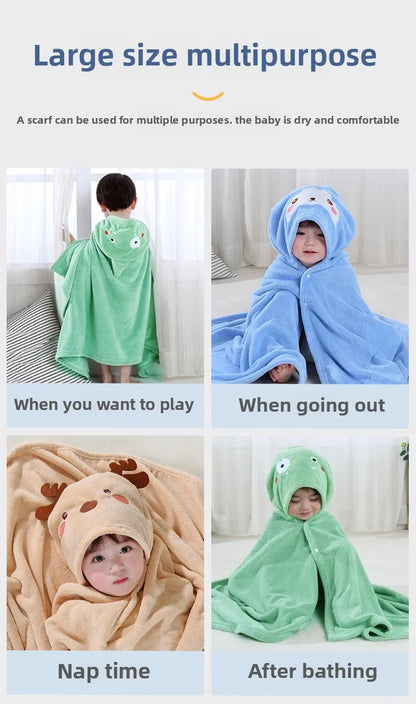 Baby Hooded Bath Towel - Super Absorbent Microfiber Cartoon Cloak, Soft Infant Bathing Wrap with Cute Animal Designs