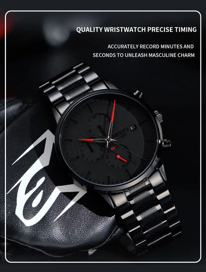 NIBOSI Men's Watches Analog Minimalist Black Dial Watches for Men Business Chronograph Military Stainless Steel Wrist Watches